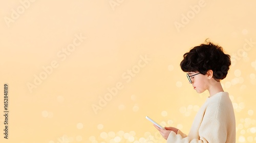 Young person with glasses looking at a phone against a peach background