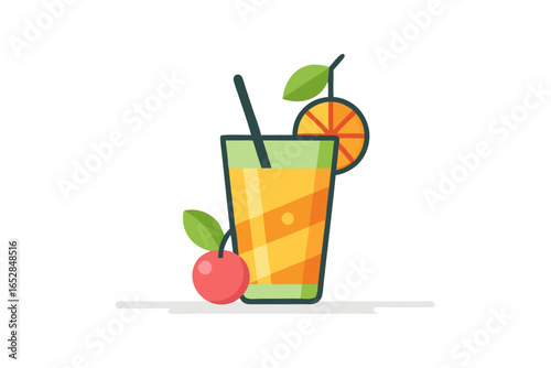 Download this vibrant and refreshing orange juice vector illustration featuring a tall glass filled with bright orange juice and garnished with a lemon slice. 