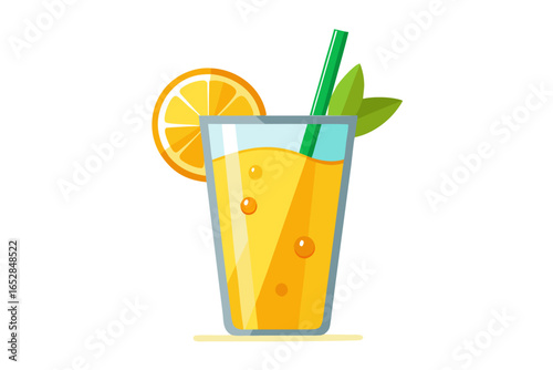 Download this vibrant and refreshing orange juice vector illustration featuring a tall glass filled with bright orange juice and garnished with a lemon slice. 