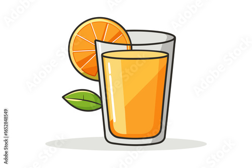 Download this vibrant and refreshing orange juice vector illustration featuring a tall glass filled with bright orange juice and garnished with a lemon slice. 