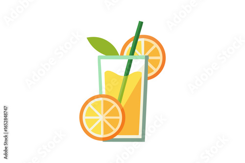 Download this vibrant and refreshing orange juice vector illustration featuring a tall glass filled with bright orange juice and garnished with a lemon slice. 