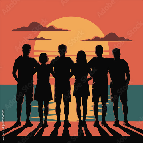 Silhouetted friends stand arm in arm on the beach, admiring a vibrant sunset that radiates warmth and unity.