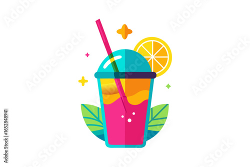 Download this vibrant and refreshing orange juice vector illustration featuring a tall glass filled with bright orange juice and garnished with a lemon slice. 