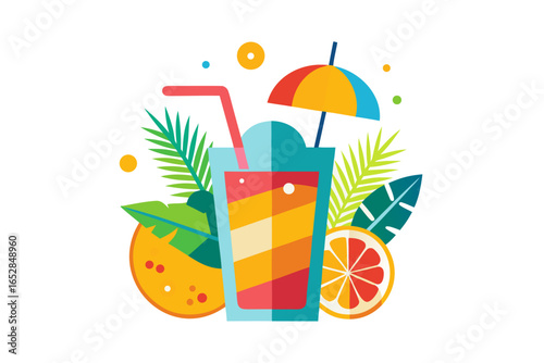 Download this vibrant and refreshing orange juice vector illustration featuring a tall glass filled with bright orange juice and garnished with a lemon slice. 
