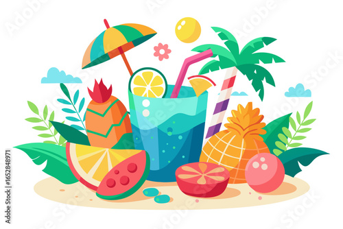 Download this vibrant and refreshing orange juice vector illustration featuring a tall glass filled with bright orange juice and garnished with a lemon slice. 