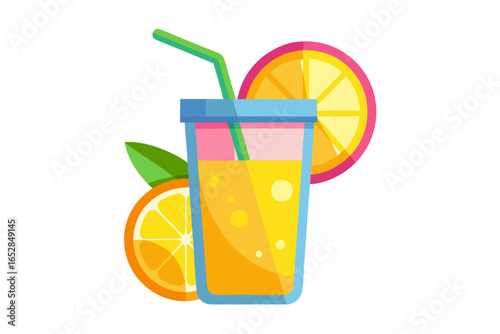 Download this vibrant and refreshing orange juice vector illustration featuring a tall glass filled with bright orange juice and garnished with a lemon slice. 