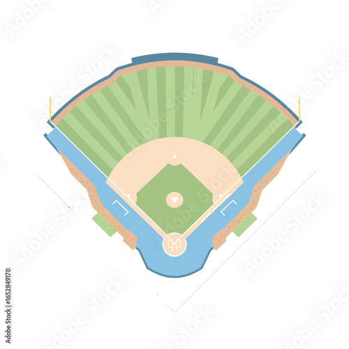 Minimalist top-down aerial view of a baseball field stadium with a striped green outfield and blue stands.