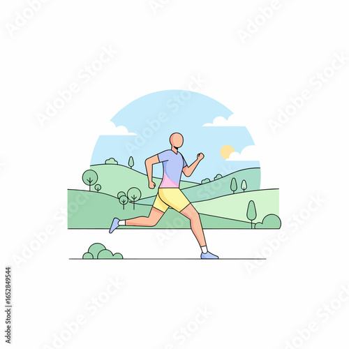 Line art illustration of a bald man jogging wearing a pastel purple shirt and yellow shorts dynamic pose.