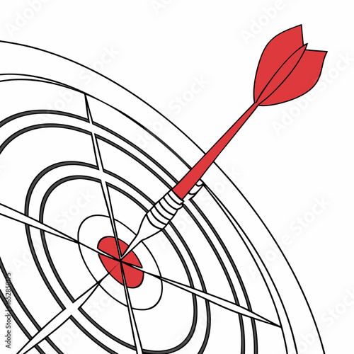 A red dart hitting the bullseye of a target isolated on white background, symbolizing accuracy, success, and achieving goals in a competitive game or sport