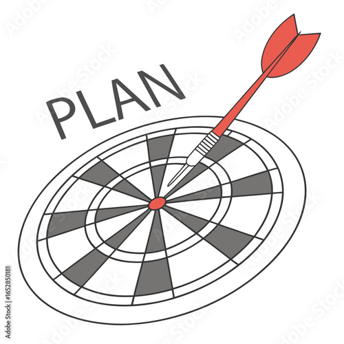 A red dart hitting the bullseye of a target with the word plan isolated on white background, symbolizing strategic success and achieving goals