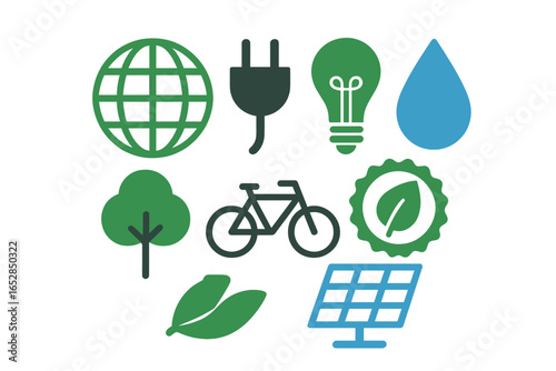 Vibrant collection of eco-friendly icons symbolizing sustainability, renewable energy, and environmental conservation, presented with a soft glow on a dark backdrop, perfect for conveying green initi