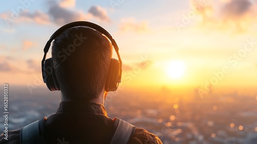 Person with headphones enjoying a vibrant sunset over a city