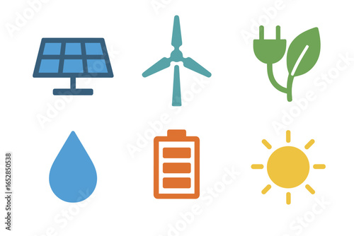 Vibrant collection of glowing renewable energy icons: solar panel, wind turbine, electric plug with leaf, water drop, battery, and sun, presented on a dark, textured background with subtle vertical l