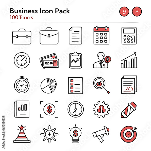 Business icon pack isolated on white background featuring essential elements for presentations, reports, and other professional documents, perfect for any project