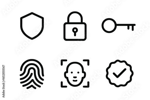 Modern Security and Authentication Icons: Shield, Padlock, Key, Fingerprint, Face Recognition, and Checkmark for Verification in Minimalist Line Art Style on Dark Background