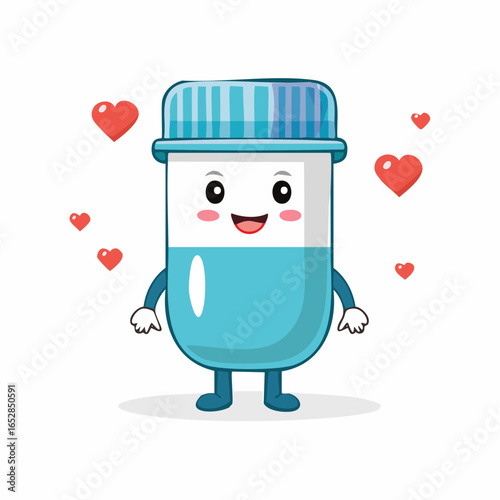 Cute cartoon medicine character surrounded by hearts, illustration for healthcare & wellness
