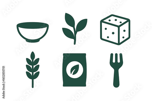 A curated collection of simple, flat icons representing food, agriculture, and chance, featuring a bowl, plant sprout, dice, wheat stalk, seed bag, and fork, all set against a dark green gradient bac
