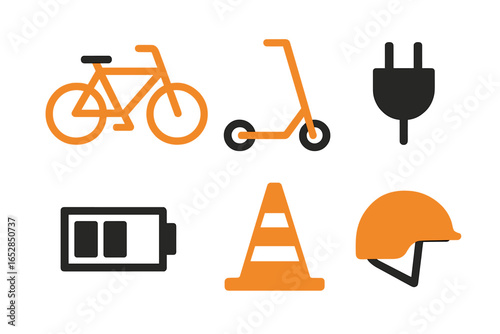 Vibrant collection of glowing orange icons symbolizing electric transportation and safety gear, featuring a bicycle, scooter, plug, battery, traffic cone, and helmet, presented on a dark backdrop wit
