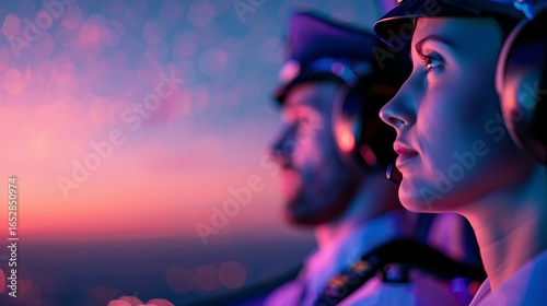 Pilots in cockpit observing colorful sunset sky