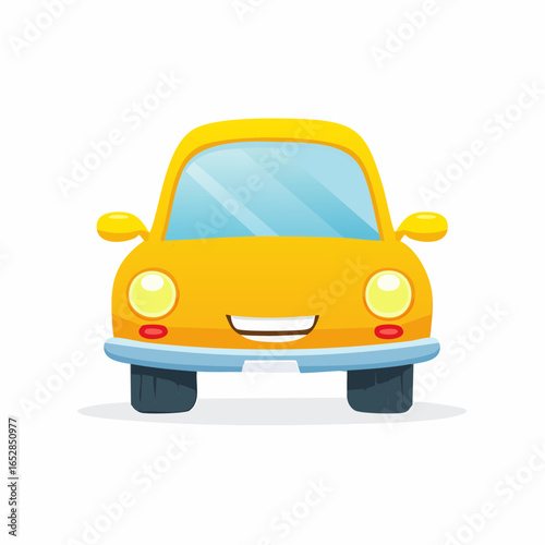 A charming, simple cartoon car illustration with a friendly smile, vibrant yellow, isolated on white background.