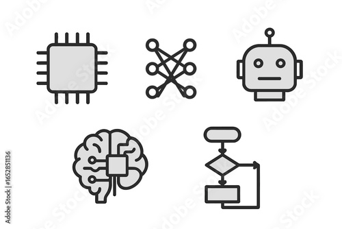 Collection of modern technology icons representing artificial intelligence, machine learning, and automation, including a CPU, neural network, robot head, brain with circuitry, and a flowchart diagra