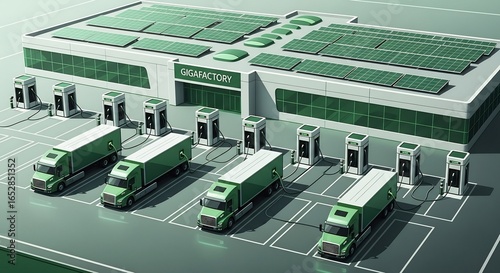 Electric Delivery Trucks Charging at Green Solar Powered Warehouse in Modern Eco-friendly Facility