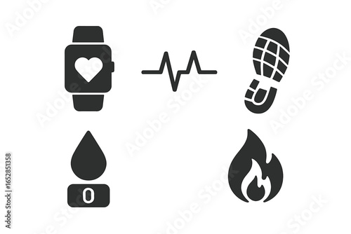 Diverse collection of health and fitness tracking icons, featuring a smartwatch with heart rate monitor, ECG line, footprint for steps, water drop for hydration, and flame for calorie burn, all prese