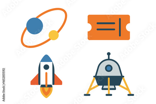 Vibrant collection of space exploration icons, showcasing a rocket in ascent, a lunar module on touchdown, a travel ticket, and a ringed planet, all designed in a modern, luminous style on a dark bac