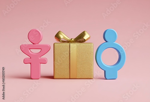 A pink male symbol and blue female symbols on the left, a golden package of a coloured rubber vibe in front of them, pink background, minimalist concept stock photo.
