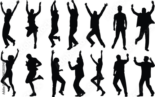Silhouettes of happy diverse people jumping, dancing, celebrating, expressing joy, freedom, energy, movement, active lifestyle, fun, excitement, positive emotions, dynamic group activity