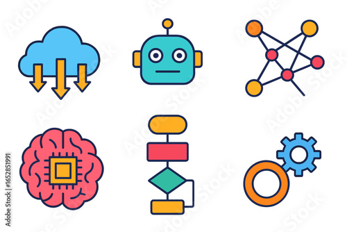 Conceptual vector illustration of artificial intelligence and machine learning: a robot head, neural network, cloud data download, flowchart, brain with chip, and gears, symbolizing technology and au