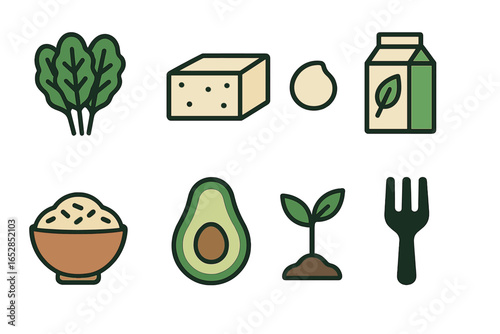 Diverse Healthy Vegetarian Food Icons: Spinach, Tofu, Nuts, Milk, Rice, Avocado, Seedling - Organic Ingredients for Balanced Diet & Sustainable Nutrition
