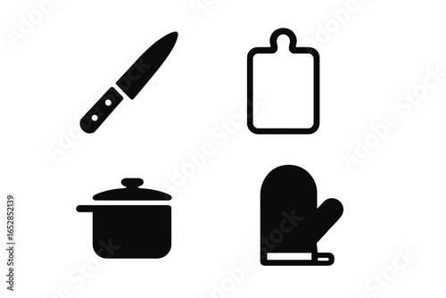 A simple collection of flat icons portraying vital kitchenware and cooking tools, featuring a knife, cutting board, pot, and protective oven mitt, all presented clearly on a neutral grayscale backdro