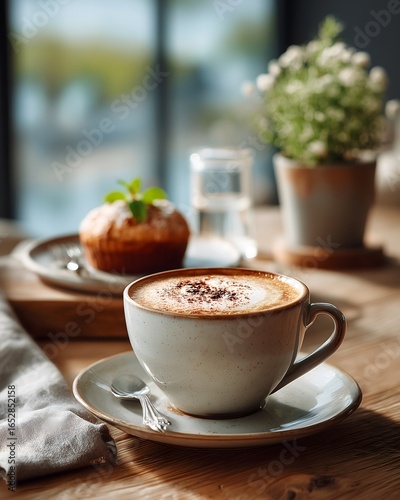 Close-up of a coffee cup on a café table with muffin and glass of water in the background.