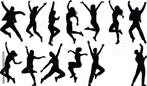 Silhouettes of joyful diverse people jumping, celebrating, expressing freedom, energy, happiness, movement, active lifestyle, fun, excitement, positive emotions, dynamic motion, group activity
