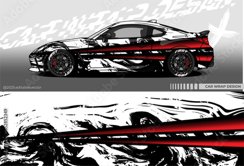 Illustration vector graphic of Car wrap decal with abstract design. Black red white colour. Editable car livery. Vinyl sticker template mockup for racing car, drift , rally or daily use.