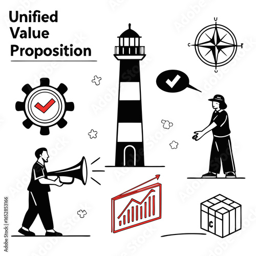 Illustration showcasing a unified value proposition with a lighthouse, compass, gear, person with megaphone, box, and graph isolated on white background