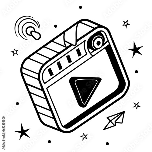 Illustration of a video camera with play button, stars, and paper airplane, representing content creation and entertainment isolated on white background