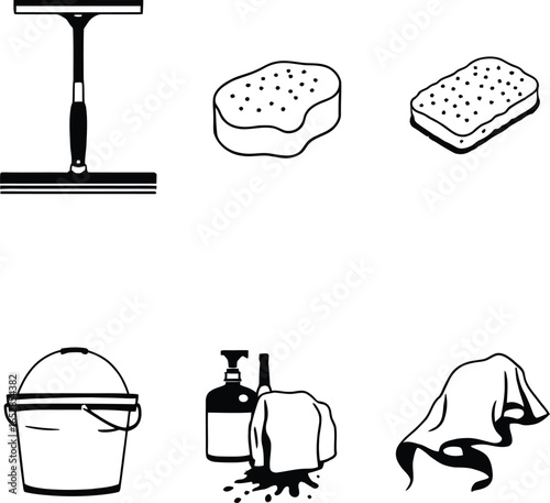 Illustration of cleaning supplies including squeegee sponges bucket and cleaning solution bottles
