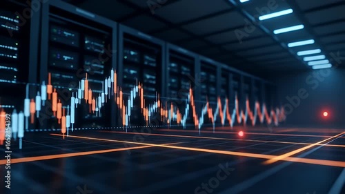 Dynamic stock market chart displayed on a futuristic server room floor, visualizing financial data and technological advancements