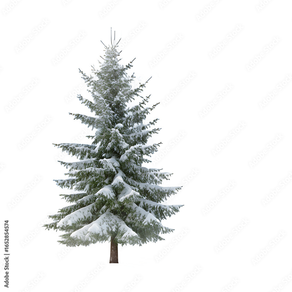 Fototapeta premium A solitary snow covered evergreen tree against a stark black background