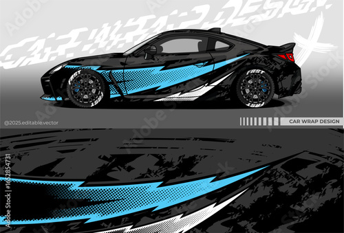 Illustration vector graphic of Car wrap decal with abstract lightning design. Black blue colour. Editable car livery. Vinyl sticker template mockup for racing , drift car, rally , or daily use.