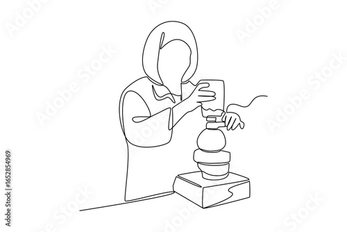 simple continuous line draw of female barista making coffee. Coffee shop minimalist concept. Barista activity.