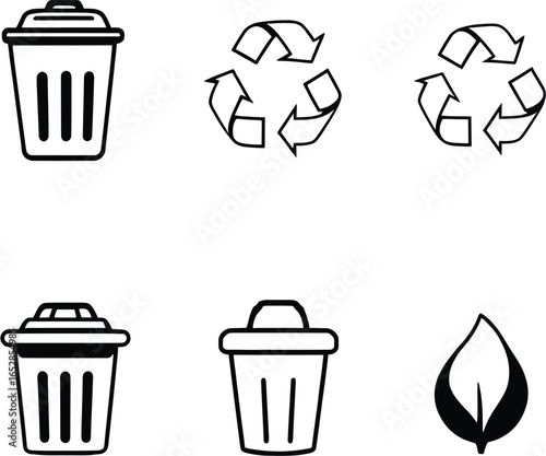 Illustration of trash cans recycling symbols and a leaf arranged on a white background surface