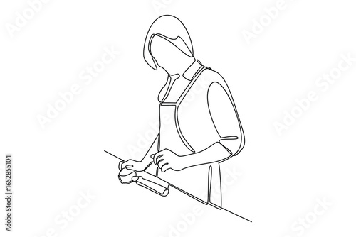 simple continuous line draw of female barista working. Coffee shop minimalist concept. Barista activity.