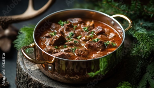 Hearty Venison Goulash Stew Cooked In A Copper Pot, Infused With Fresh Herbs, Adorned With Evergreen Sprigs And Deer Antlers.