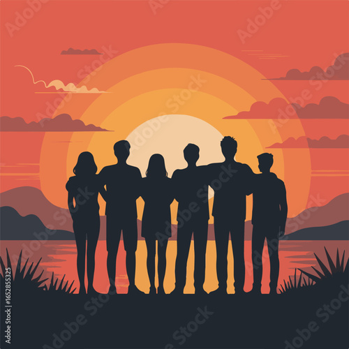 Silhouetted friends stand arm in arm on the beach, admiring a vibrant sunset that radiates warmth and unity.