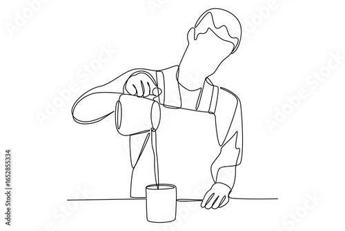 simple continuous line draw of male barista pouring coffee. Coffee shop minimalist concept. Barista activity.