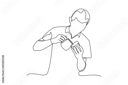 simple continuous line draw of barista making coffee. Coffee shop minimalist concept. Barista activity.