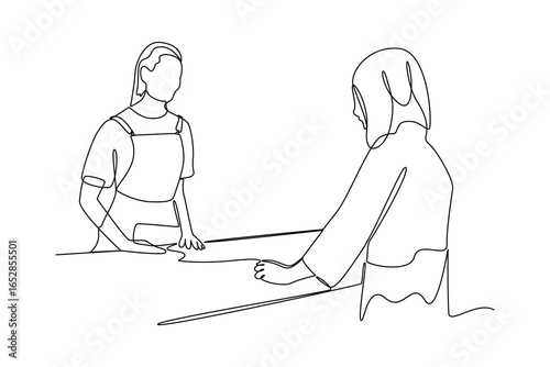 simple continuous line draw of Barista serving guests in coffee shop. Coffee shop minimalist concept. Barista activity.